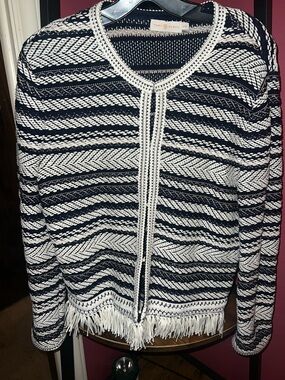 Tory Burch Navy & White Striped Fringe Knit Cardigan